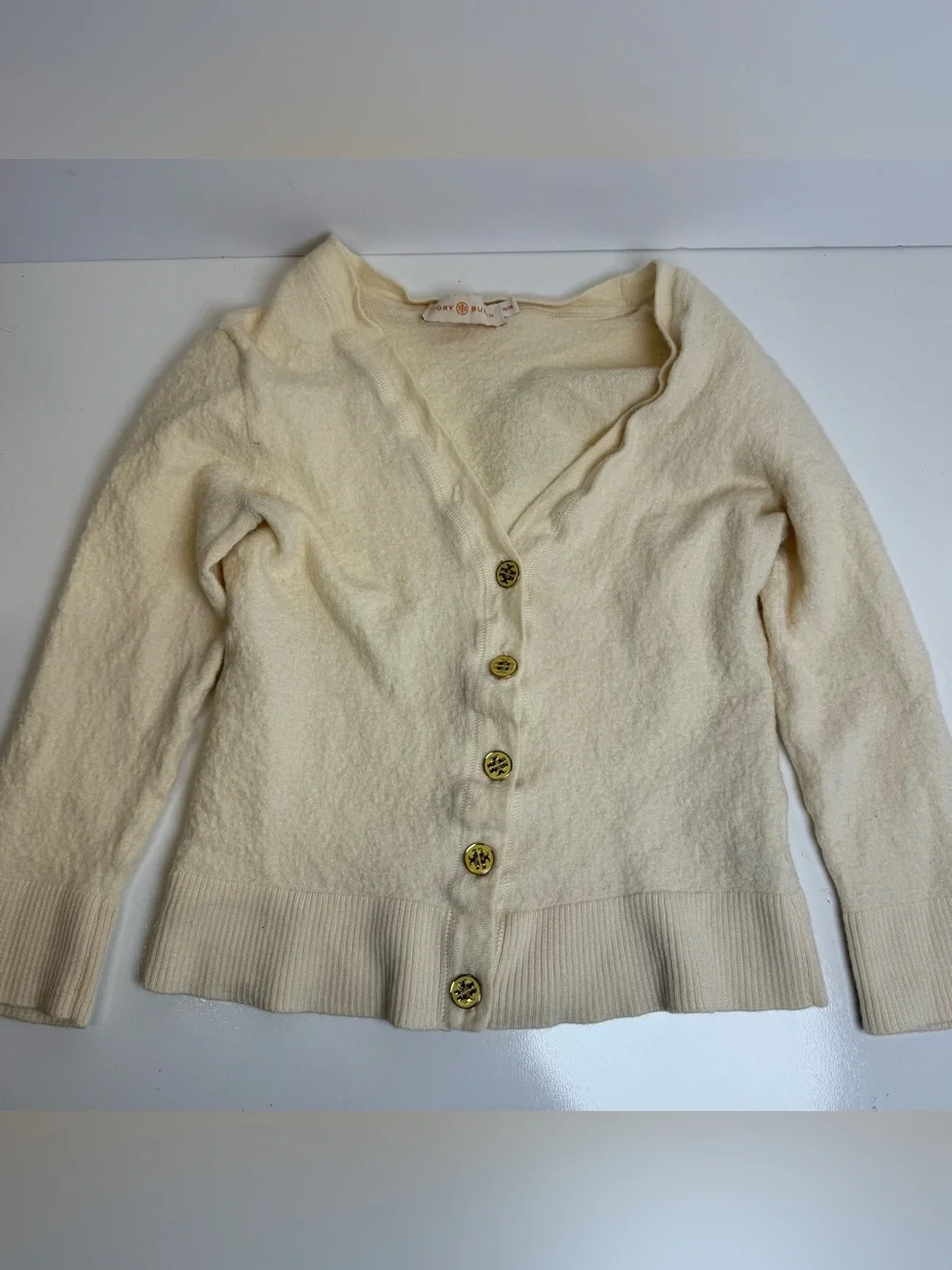 Tory Burch Simone Beige Merino Wool Gold Logo Buttons Cardigan Girls Medium M